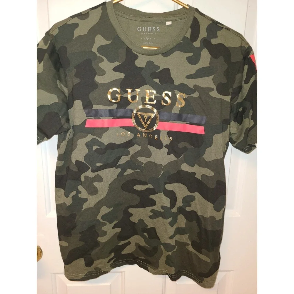 Guess T Shirt Mens L Green Camo Short Sleeve Crew Neck Tee Los Angeles - Picture 7 of 7